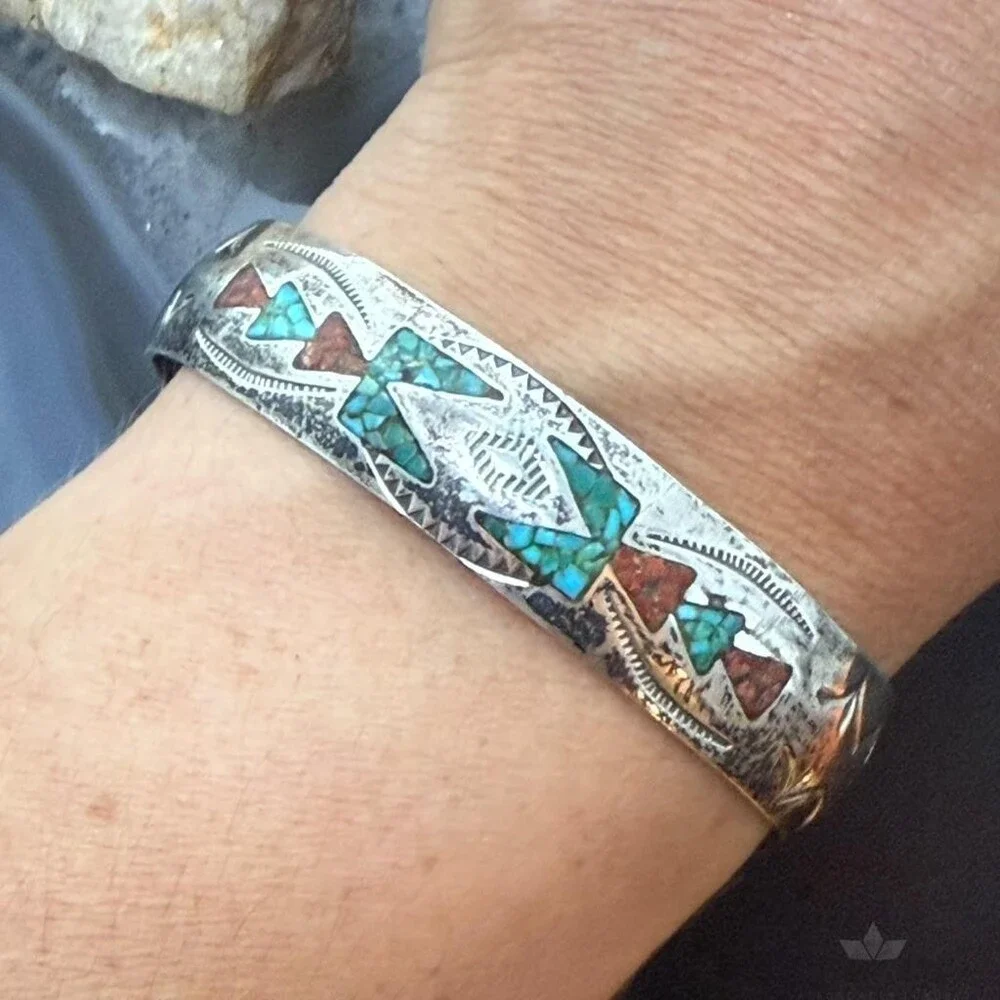 Vintage Native American Silver Turquoise & Coral Chip Inlay Bracelet For Women